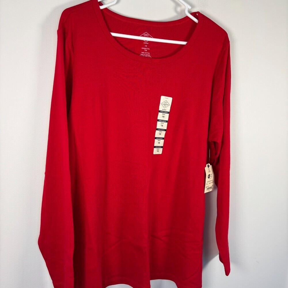 ST JOHN'S BAY NEW Long Sleeve Essential Tee Womens 1X Red Stretch Knit Cotton